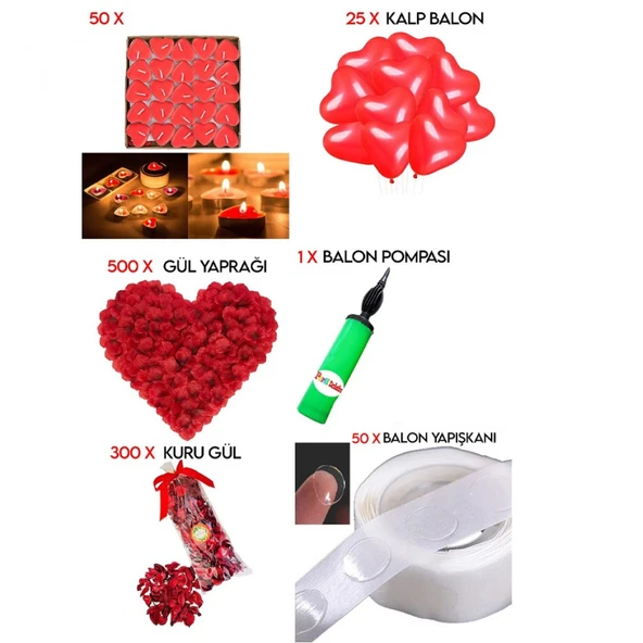 50 Kalp Mum, 25 Kalp Balon, 500 Gül Yaprağı, 300 Kuru Gül, 1 Balon Pompası Evlilik Teklifi Paket Set ürün görseli 1