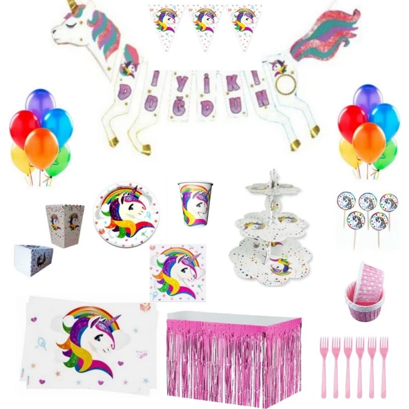 Unicorn Temalı Full Kız Doğum Günü Süsleme Seti 16 Kişilik ürün görseli 1