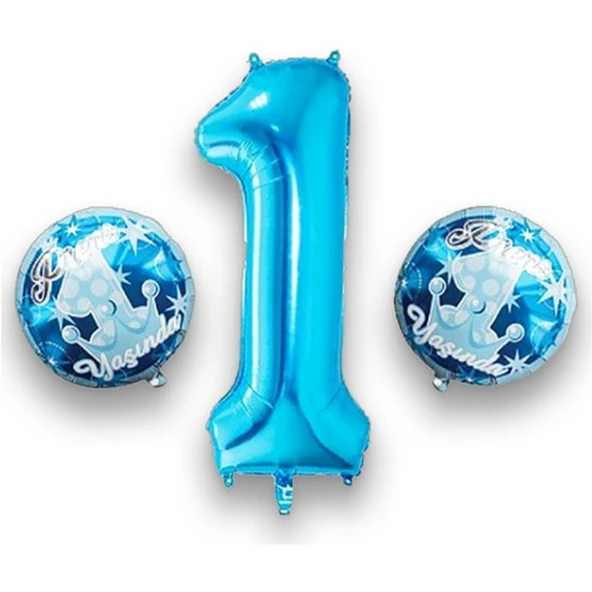 Prens 1 Yaşında Mavi Folyo Balon Set 3'lü Mavi ürün görseli 1