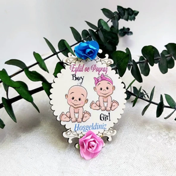 Çiçekli Ahşap İkiz Bebek Şekeri Magnet(30 Adet) ürün görseli 1