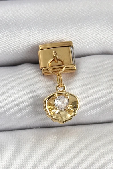 316L Çelik Sallantılı Zirkon Taşlı İstiridye Model Gold Renk Nomination Charm ürün görseli 1