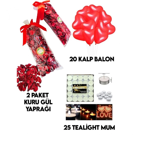 600 Kuru Gül Yaprağı,20 Kalp Balon,25 Beyaz Mum Romantik Hediye 14 Şubat Sevgililer Günü Doğum Günü ürün görseli 1
