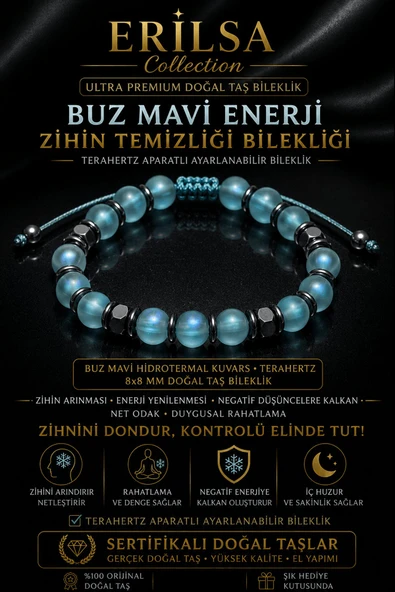 Sertifikalı Terahertz - Buz Mavi Hidrotermal Kuvars Zihin Temizleme Bilekliği - 8 MM Unisex Taş ürün görseli 1