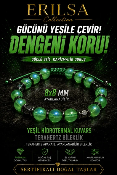 Sertifikalı Terahertz - Aura Koyu Yeşil Hidrotermal Kuvars Denge Bilekliği - 8 MM Doğal Taş ürün görseli 1