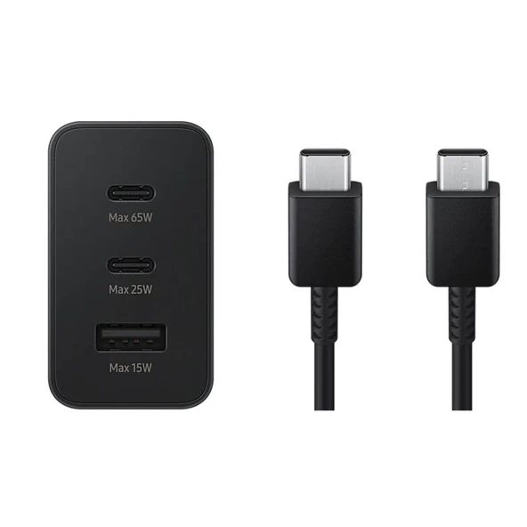 Samsung 3in1 65W 2xPD+UsbA 3 Çıkışlı Şarj Aleti + 60W Type-C To Type-C Hızlı Data ve Şarj Kablo 1.8Metre Siyah ürün görseli 1