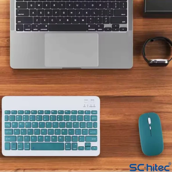 ScHitec Bluetooth Klavye + 2,4 Ghz+Bluetooth Mouse Seti Type-C Şarjlı Yeşil - Resim 3