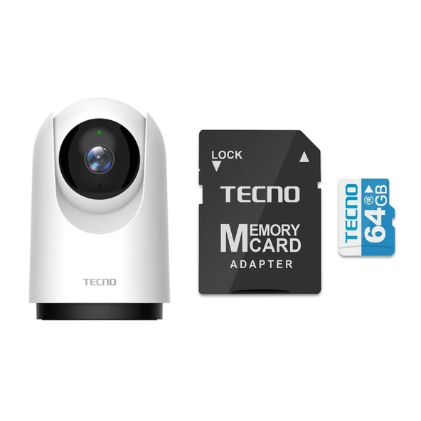 Tecno TH300 3MP 2K Ultra HD 360° Kablosuz Wifi Güvenlik Kamerası + Tecno 64Gb 100Mb/s Micro Sd Hafıza Kartı ve Adaptörü ürün görseli 1