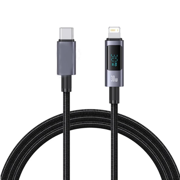 ScHitec PD30W Type-C to Lightning Dijital Göstergeli Örgülü Hızlı Şarj Data Kablosu Siyah ürün görseli 1