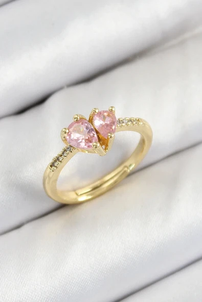 Pirinç Zirkon Taşlı Pembe Kalp Model Gold Renk Kadın Yüzük ürün görseli 1