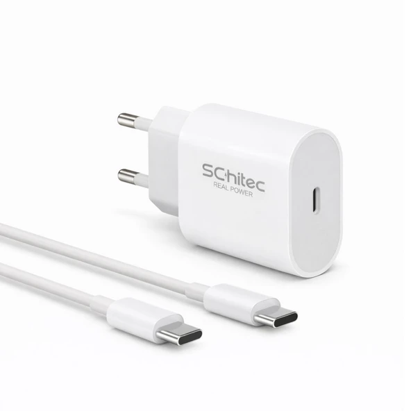 SChitec 25W Type-C Çıkışlı Hızlı Şarj Aleti Type-C to Type-C Kablolu Set Beyaz SC002 ürün görseli 1