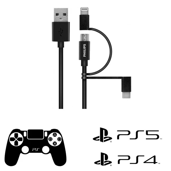 Philips Playstation 4/5 İle Uyumlu Joystick Şarj Kablo 3in1 Micro-Lightining-Type-C Hızlı Şarj Data Kablo 1.2m DLC3104T ürün görseli 1