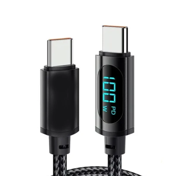 ScHitec PD100W 5A Type-C to Type-C Dijital Göstergeli Örgülü Hızlı Şarj Data Kablosu Siyah ürün görseli 1