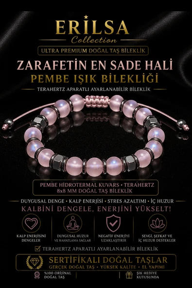 Sertifikalı Terahertz - Pembe Hidrotermal Kuvars Dişil Enerji Denge Bilekliği - 8 MM Ayarlanabilir ürün görseli 1