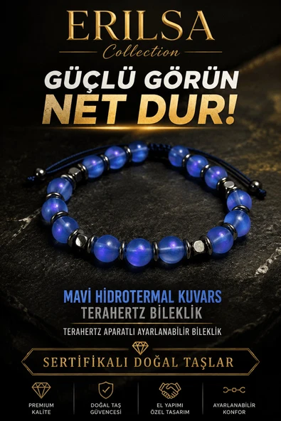 Sertifikalı Terahertz - Aura Mavi Hidrotermal Kuvars Taşı Bileklik - 8 MM Ayarlanabilir Unisex ürün görseli 1