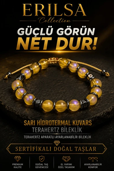 Sertifikalı Terahertz - Aura Sarı Hidrotermal Kuvars Bileklik - 8 MM Ayarlanabilir ürün görseli 1