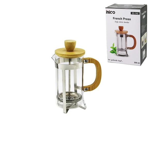 FRENCH PRESS METAL KAFES - BAMBU SAP BAMBU KAPAK 350ML CAM BİTKİ SÜZGEÇİ (5224) ürün görseli 1