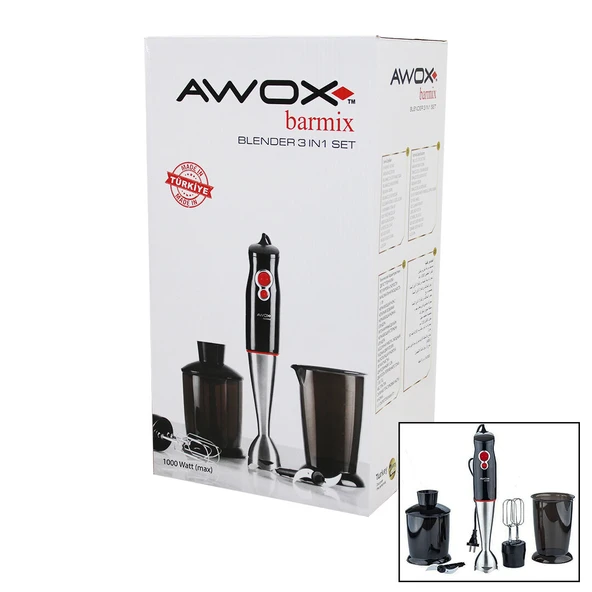 AWOX BARMİX  3İN1  BLENDER SETİ  ÇELİK 2Lİ MİKSER   ÇELİK RONDO BIÇAK   ÇELİK 4 KANATLI BIÇAK   1000W (5224) ürün görseli 1