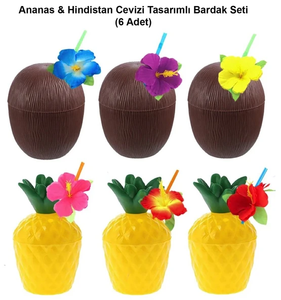 Ananas & Hindistan Cevizi Tasarımlı Pipetli Bardak Seti (6 Adet) (5224) ürün görseli 1