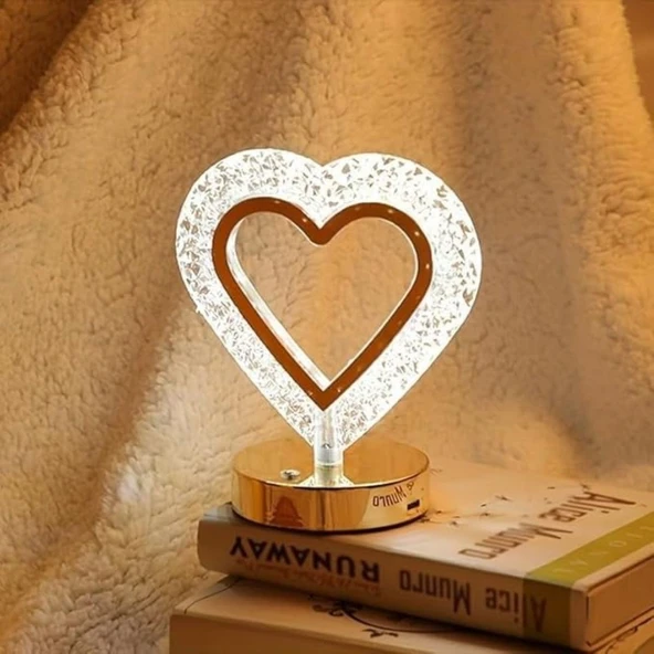 Kalp Şeklinde Kristal LED Masa Lambası – Dokunmatik, 3 Renk Işık Modlu, Şarjlı Mini Dekoratif Gece Lambası (5224) ürün görseli 1