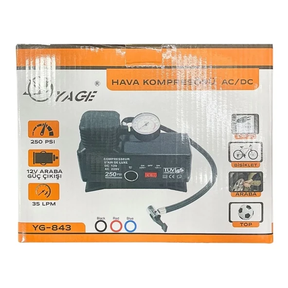 220 Volt-12 Volt 250 Psi Kompresör Lastik Hava Şişirme Oto Pompası Fişli Ve Çakmaklı Yage-843 (5224) ürün görseli 1