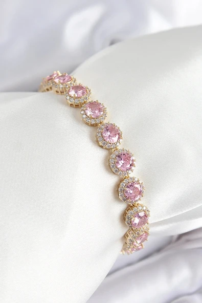 Pirinç Pembe Zirkon Taşlı Daire Baget Model Gold Renk VIP Seri Kadın Bileklik ürün görseli 1