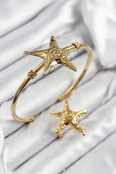 Pirinç Deniz Yıldızı Model Gold Renk Bileklik Yüzük Set ürün görseli 1