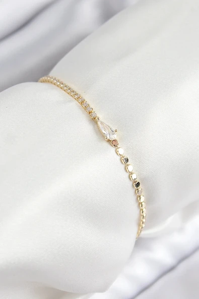 Pirinç Zirkon Taşlı Damla Model Ezme Zincir Gold Renk Kadın Bileklik ürün görseli 1