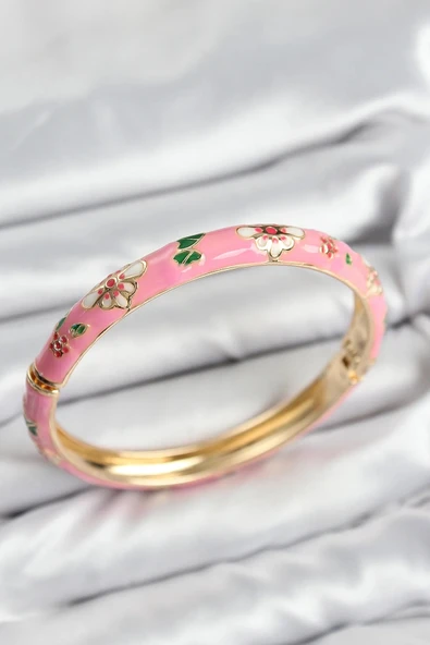 Mineli Pirinç Pembe Çiçek Motifli Gold Kadın Kelepçe ürün görseli 1