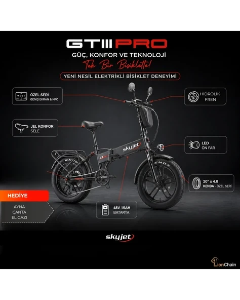 SKYJET GTIII PRO SİYAH 1000W ELEKTRİKLİ BİSİKLET AYNA ÇANTA VE EL GAZI HEDİYELİ ürün görseli 1