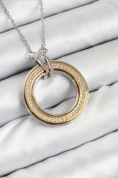 316L Çelik Zirkon Taşlı Dönen Daire Model Gold Ve Gümüş Renk Kadın Kolye ürün görseli 1