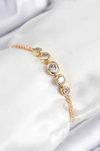 Pirinç Zirkon Taşlı Sıralı Daire Model Gold Renk Asansörlü Kadın Bileklik ürün görseli 1