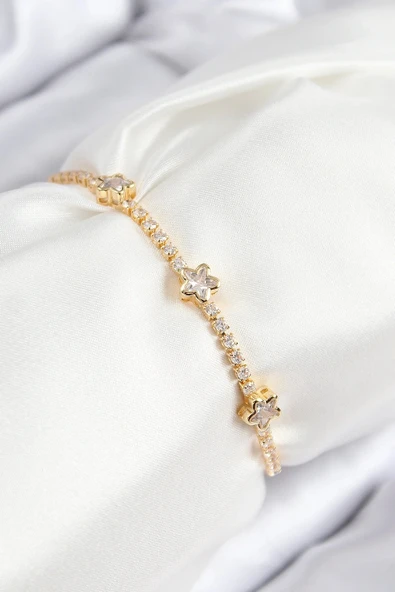 Pirinç Zirkon Taşlı Yıldız Model Gold Renk Asansörlü Kadın Bileklik ürün görseli 1