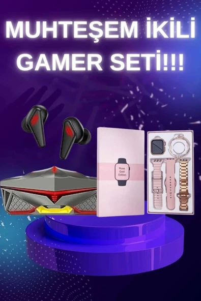 Yeni Nesil Pembe Dokunmatik Ekran Akıllı Saat ve Oyuncu Kulaklığı Kablosuz Bluetooth Kulaklık ürün görseli 1