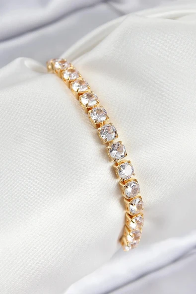 Pirinç Zirkon Taşlı Kare Model Gold Renk Asansörlü Kadın Bileklik ürün görseli 1