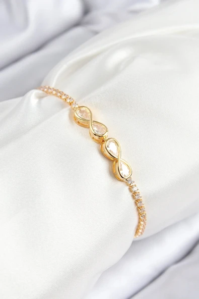 Pirinç Zirkon Taşlı Sonsuzluk Model Gold Renk Asansörlü Kadın Bileklik ürün görseli 1
