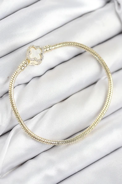 Pirinç Charm Zirkon Taşlı Yonca Model Gold Renk Kadın Bileklik ürün görseli 1