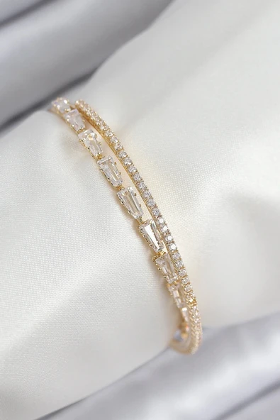 Pirinç Zirkon Taşlı Su Yolu Model Gold Renk Kadın Bileklik ürün görseli 1