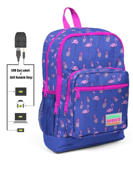Coral High Kids Dört Gözlü Kız Çocuk İlkokul Çantası - Flamingolar Baskılı - USB+AUX Soketli ürün görseli 1