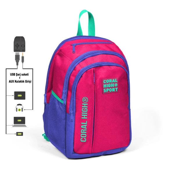 Coral High Sport Beş Gözlü Pembe Okul ve Günlük Sırt Çantası - Laptop+Tablet Bölmeli ürün görseli 1
