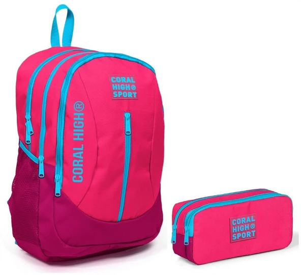 Coral High Sport Pembe Kırmızı Okul Çantası ve Kalemlik Seti - Kız Çocuk - USB Soketli ürün görseli 1