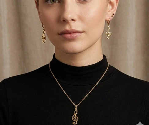 Gold Renk Müzik Nota Detaylı 3'lü Kolye Top Küpe Seti ürün görseli 1