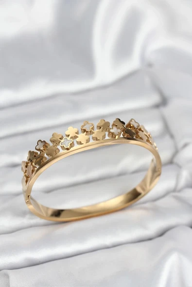 316L Çelik Gold Renk Minimal Yoncalı Kadın Kelepçe Bileklik ürün görseli 1