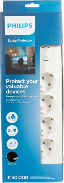 Philips Spn7040Wa Akım Korumalı Priz 4'Lü 600J 2M 3680W 16A ürün görseli 1