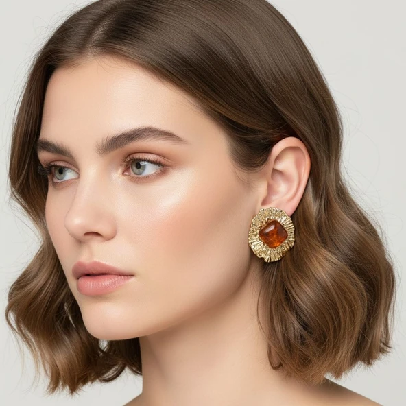 Kadın Kahve Taşlı Gold Detaylı Çelik 14 K Küpe 30 mm ürün görseli 1