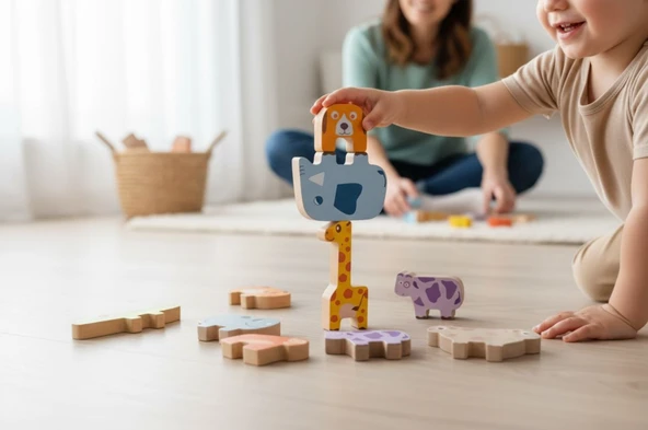 Bee Smart Montessori Hayvanlar Blok Denge Oyunu - Doğal Ahşap Eğitici Oyuncak (2+) ürün görseli 1