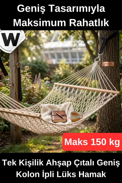 #Hamak Tek Kişilik Lüks Hamak Taşıma Kapasiteli Dayanıklı Ahşap Çıtalı Geniş Kolon İpli Renkli Bahçe Balkon Kamp Veranda ürün görseli 1