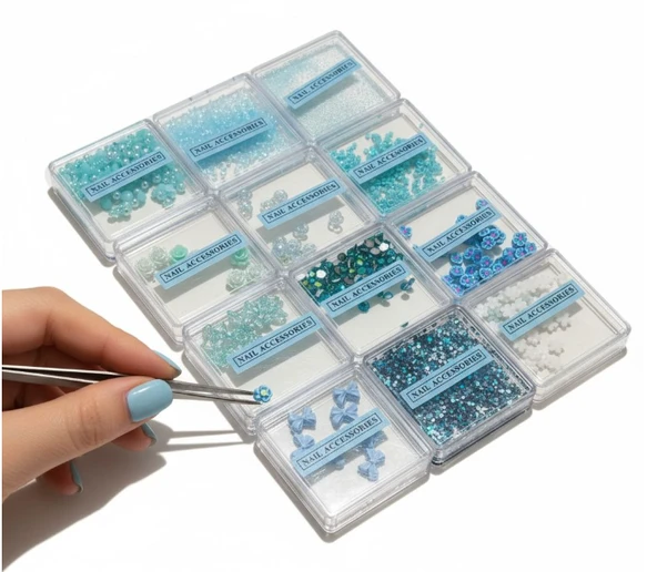 Mavi Nail Art Tırnak Süsleme Seti 12 Bölmeli | Boncuk, Çiçek, Kurdele, Pul ve Parıltı ürün görseli 1