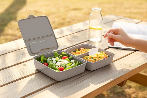 Bölmeli Saklama ve Yemek Kabı - BPA sız Sağlıklı - Kilit Kapak - Taşınabilir Lunchbox- Açık Gri Renk ürün görseli 1