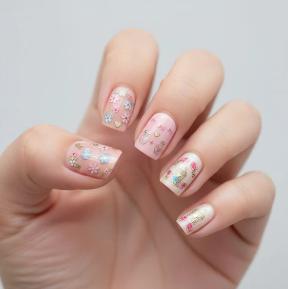 3 lü Nail Art Sticker Seti - 36 Adet (Kuş Kafesi, Kurdele ve Çiçek Desenleri) ürün görseli 1