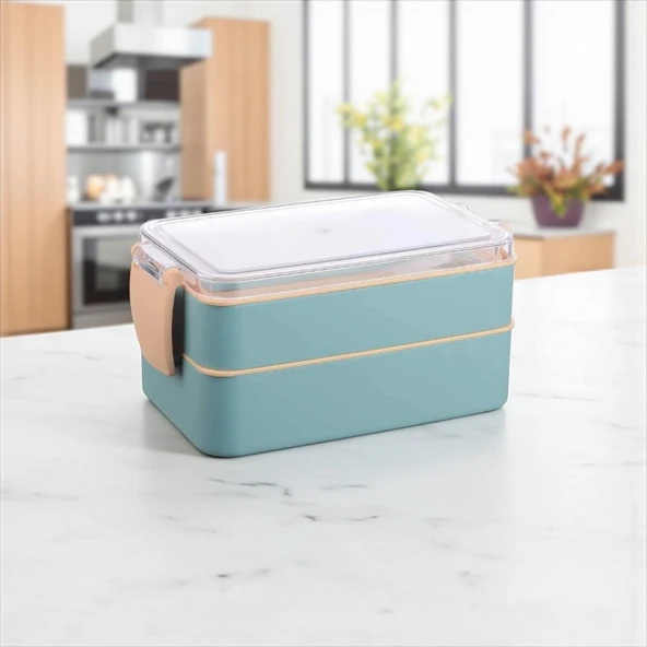 Titiz Fely 2 katlı Öğle Yemeği Kabı - Çatal Kaşık Dahil - Sızdırmaz & Kilitli Lunch Box-Mavi ürün görseli 1